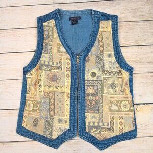 Vintage Life Style Denim Vest Tapestry  Zip Front M|‎ cottagecore grannycore